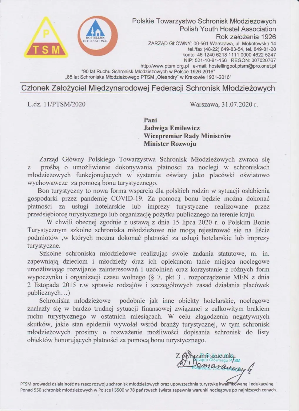 Bon Turystyczny – Pismo do Ministerstwa Rozwoju