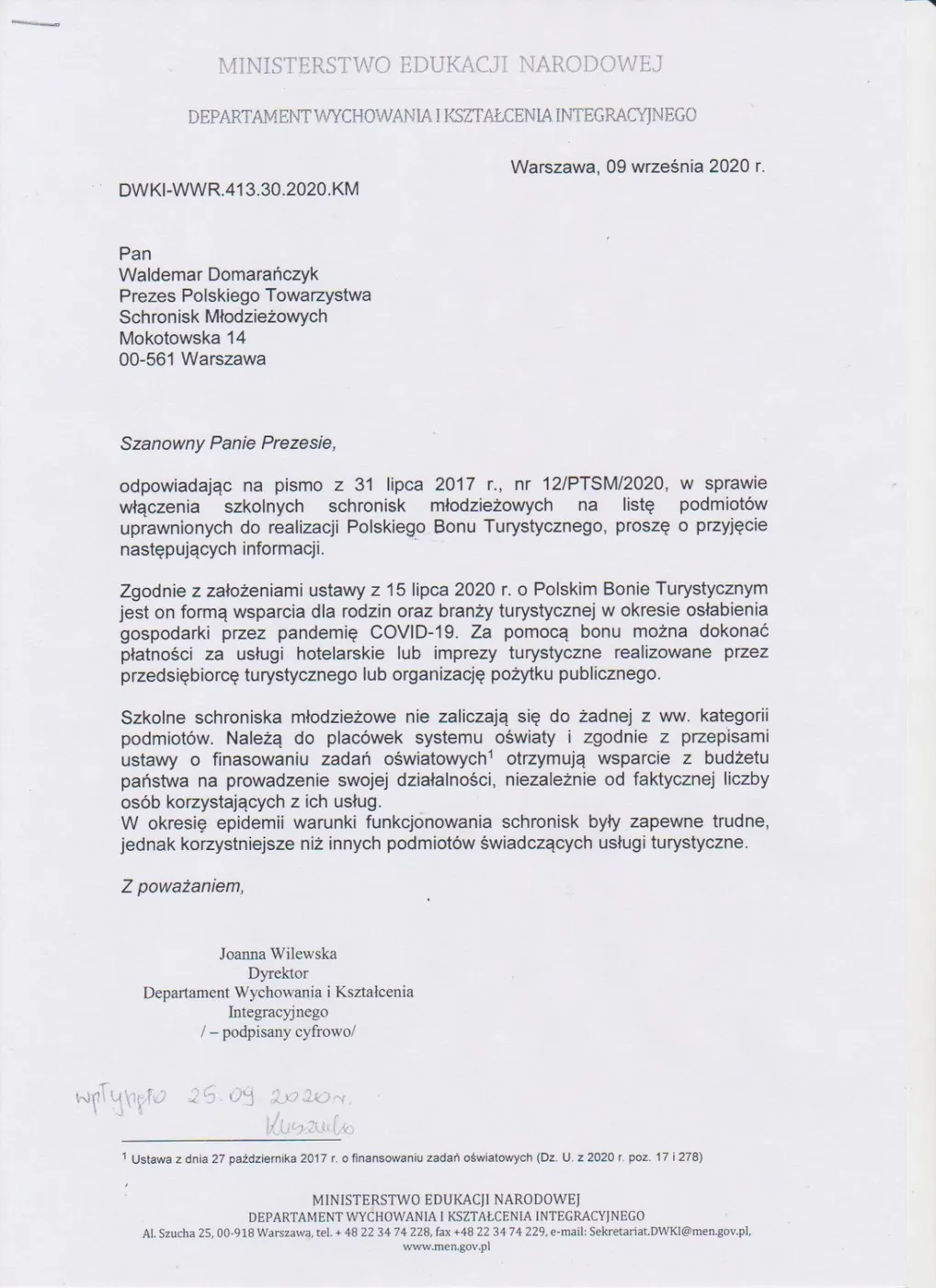 Bon Turystyczny – odpowiedź Ministerstwa Edukacji Narodowej