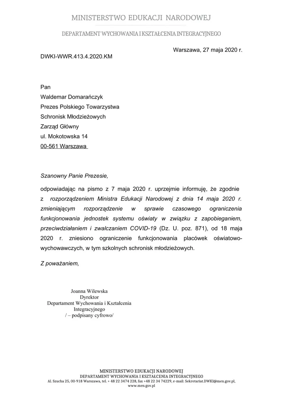 Odpowiedź Ministerstwa Edukacji Narodowej