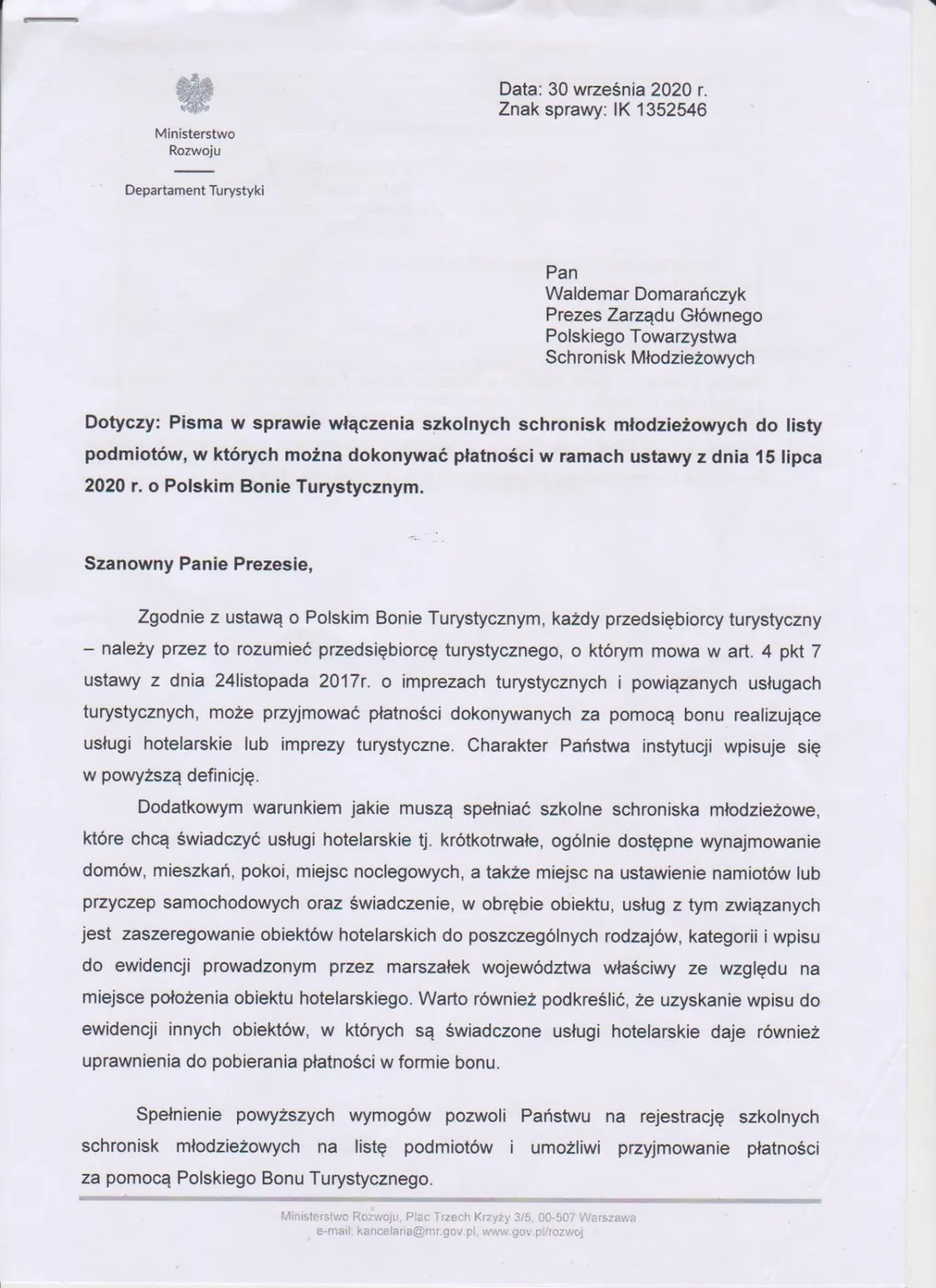 Bon Turystyczny – odpowiedź Ministerstwa Rozwoju