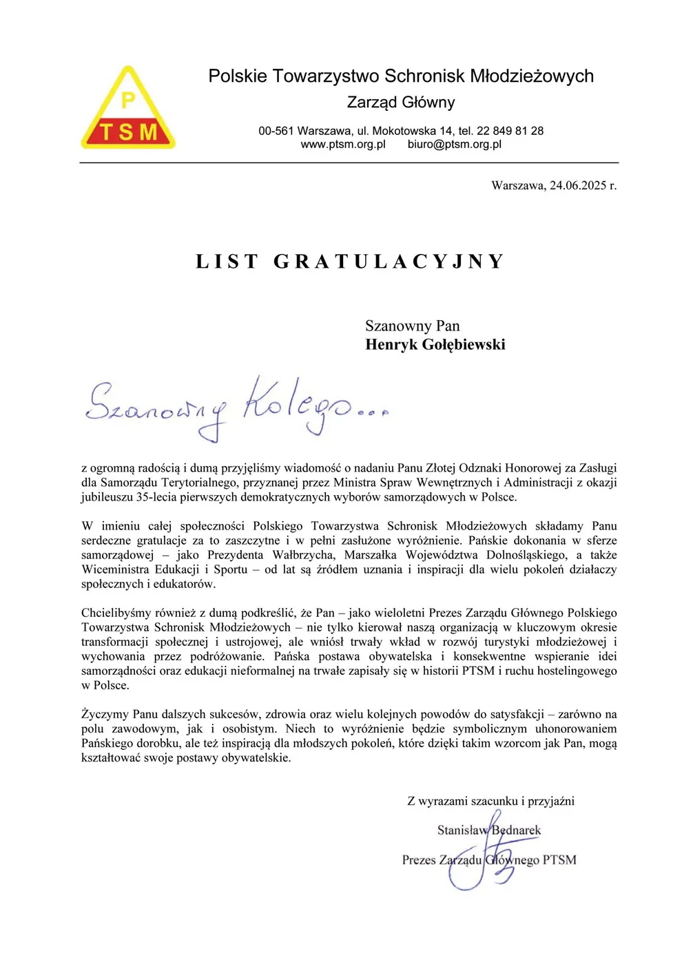 List gratulacyjny Gołębiewski PUBL List gratulacyjny Gołębiewski PUBL