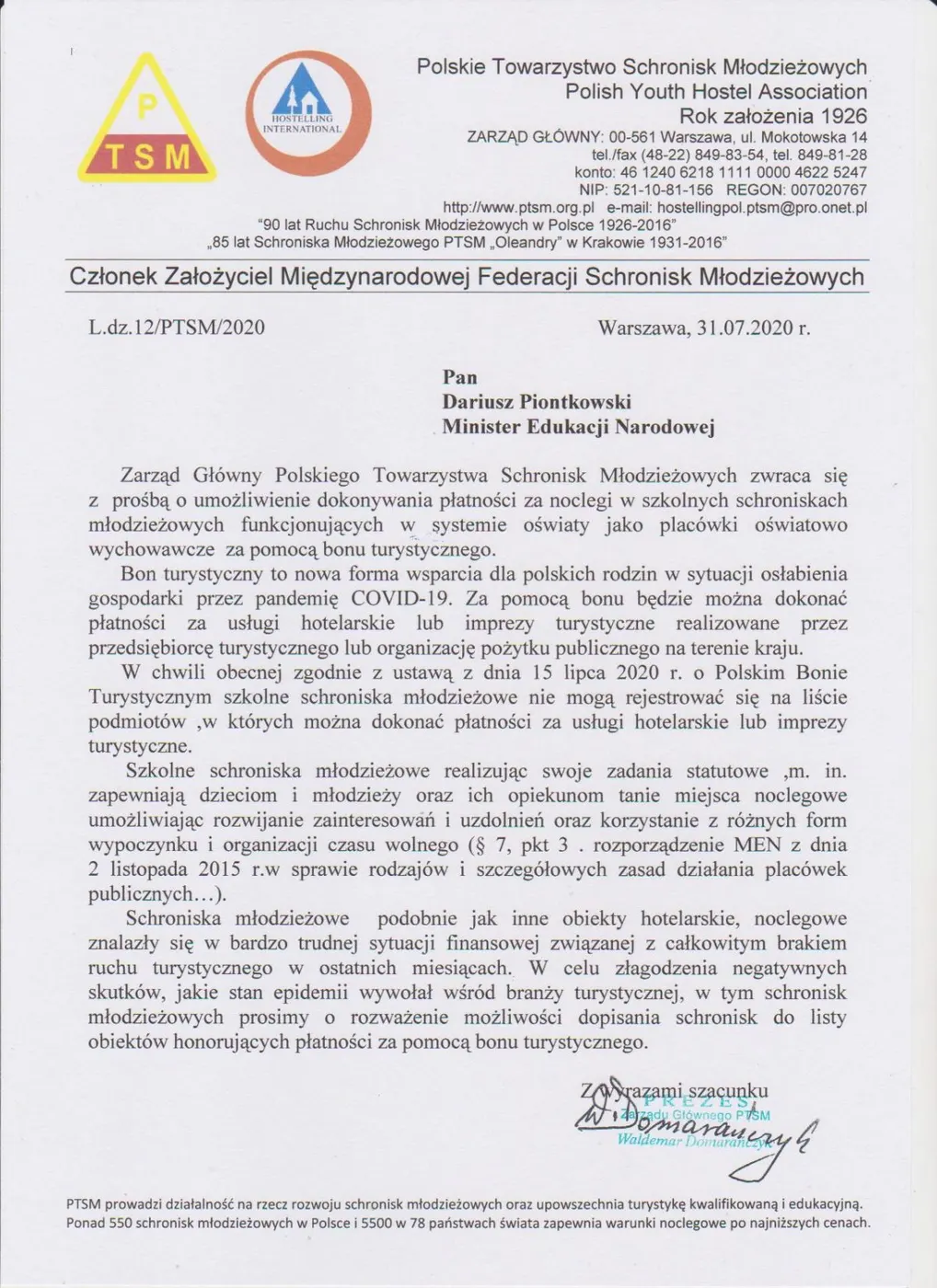 Bon Turystyczny – Pismo do Ministerstwa Edukacji Narodowej